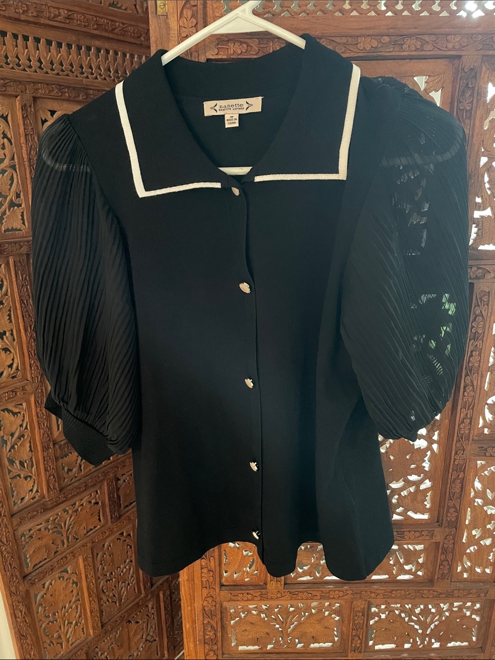 Nannette Black Sweater Blouse with White-Trim Collar and Pleated Puff Sleeves